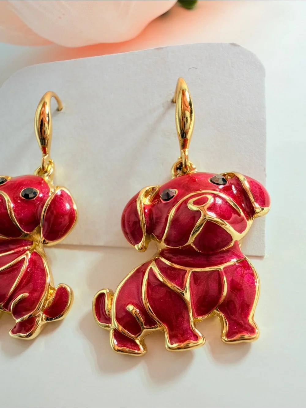 Gold-Trim Red Puppy Dog Drop Earrings - Fashion Pet Jewelry